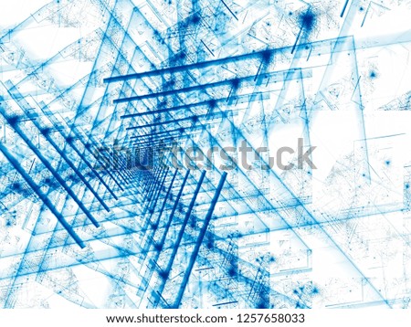 Blue lines forming a triangular tunnel on a white background - abstract computer-generated image. Simple fractal backdrop for vr, sci fi or future technology design projects.