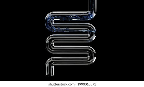 Blue liquid flows glass tube on black Scientific laboratory Medical research science 3d render