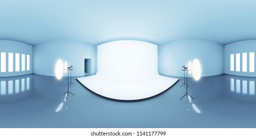 Blue Lit HDRI Environment Map, Abstract Spherical Panorama Background With Photo Studio Setup (3d Equirectangular Render)