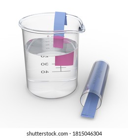 A Blue Litmus Paper Dipped Into An Acidic Solution In A 50 Ml Beaker Turns Red. Isolated On White Background. 3D Rendering.