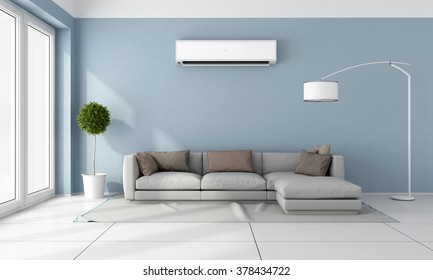 Blue living room with  gray sofa and air conditioner on wall - 3D Rendering