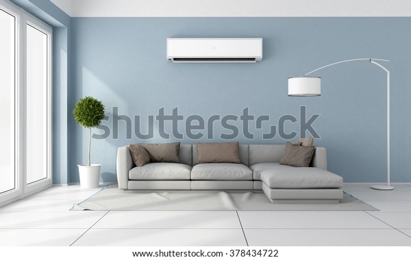 Blue living room with  gray sofa and air\
conditioner on wall - 3D\
Rendering