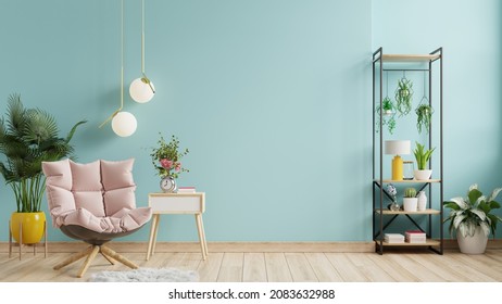 Blue living room interior with cozy luxury armchair,3d rendering