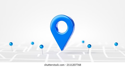 Blue location 3d pin icon of travel navigation road map marker place symbol or gps pointer route direction mark sign and global position system find target on search street background with push pin.