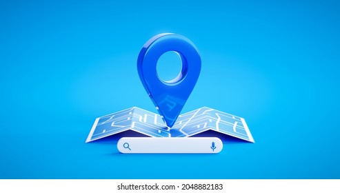 Blue Location Pin Sign Icon And Gps Navigation Map Road Direction Or Internet Search Bar Technology Symbol On Position Place Background With Find Route Mark Travel Destination Navigator. 3D Rendering.