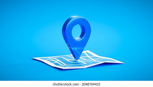 Blue location symbol pin icon sign or navigation locator map travel gps direction pointer and marker place position point design element on route graphic road mark destination background. 3D render.