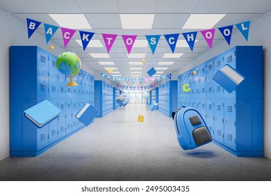 Blue lockers in row with backpack and books flying, bright flags hanging in school hallway. Concept of celebration, education and day of knowledge. 3D rendering illustration - Powered by Shutterstock