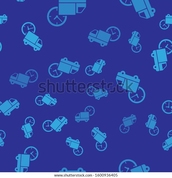 Blue Logistics\
delivery truck and clock icon isolated seamless pattern on blue\
background. Delivery time icon. \
