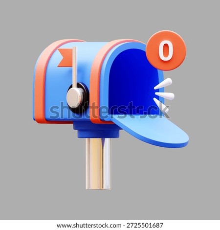 Blue mailbox displaying empty notification for social media, 3D render