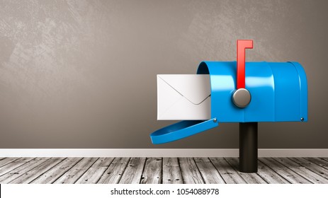 Blue Mailbox With Envelop On Wooden Floor In A Gray Wall Room With Copy Space 3D Illustration