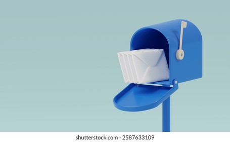 Blue Mailbox with Letters 3D rendering
