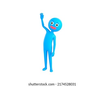 Blue Man Character Raising Right Hand In 3d Rendering.