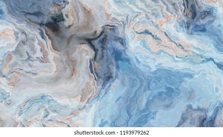 Blue marble pattern with curly grey and gold inclusions. Abstract texture and background. 2D illustration