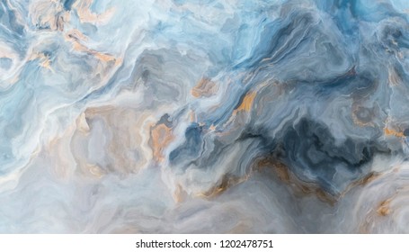 Blue marble pattern with grey and gold inclusions. Abstract texture and background. 2D illustration