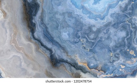Blue marble pattern with grey and gold inclusions. Abstract texture and background. 2D illustration