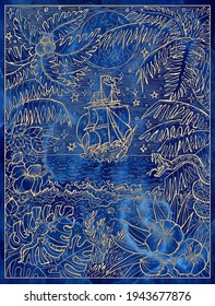 Blue marine illustration with old sailboat and wild nature of treasure island with palms and seashore. Nautical drawing card or poster, adventure concept, engraved background