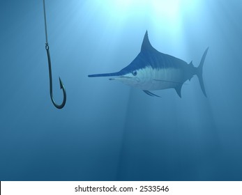 Blue Marlin Approaching A Hook