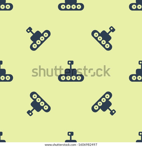 Blue Mars rover icon isolated seamless pattern\
on yellow background. Space rover. Moonwalker sign. Apparatus for\
studying planets surface. \
