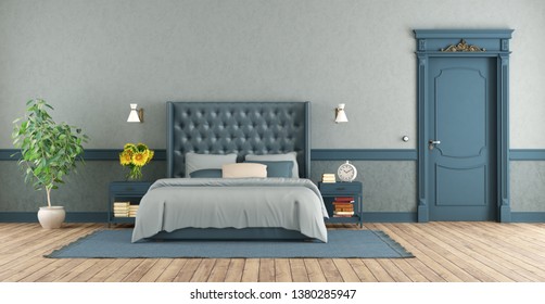 Blue Master Bedroom In Retro Style With Double Bed And Closed Door - 3d Rendering