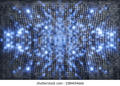 Blue matrix digital background. Abstract cyberspace concept. Characters fall down. Matrix from symbols stream. Virtual reality design. Complex algorithm data hacking. Cyan digital sparks.