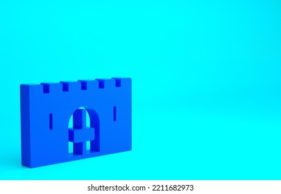 Blue Medieval Castle Gate In A Stone Wall Icon Isolated On Blue Background. Medieval Fortress. Protection From Enemies. Minimalism Concept. 3d Illustration 3D Render.