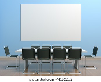 Blue Meeting Room In The Office With Table, Chairs, Clean Poster With White Blank Mockup For Branding Design, Advertising, Text Or Image. Lectures, Lessons, Master Classes, Training. 3d Illustration