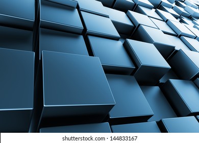 Blue metal cubes with back light, abstract background, 3d render