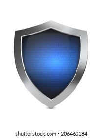 Blue Metal Cyber Shield Protection Isolated White Background