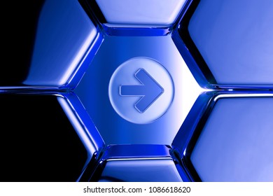 Blue Metallic Arrow Circle Right Icon in the Honeycomb Pattern. 3D Illustration of Blue Arrow, Back, Circle, Forward, Left, Next, Right Icon Set on Geometric Hexagon Background. - Powered by Shutterstock