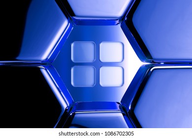 Blue Metallic Large Text Editor Icon In The Honeycomb Pattern. 3D Illustration Of Blue Document, Font, Larger, Size, Text Icon Set On Geometric Hexagon Background.