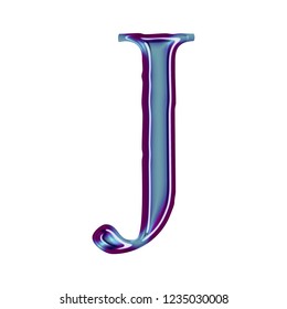 Blue Metallic Letter J In A 3D Illustration With A Smooth Shiny Finish And Purple Beveled Edge Outline Effect In A Loose Edge Elegant Font On White With Clipping Path