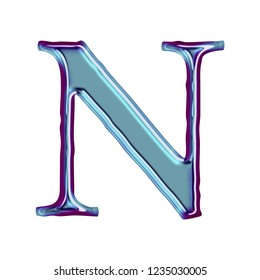 Blue Metallic Letter N In A 3D Illustration With A Smooth Shiny Finish And Purple Beveled Edge Outline Effect In A Loose Edge Elegant Font On White With Clipping Path