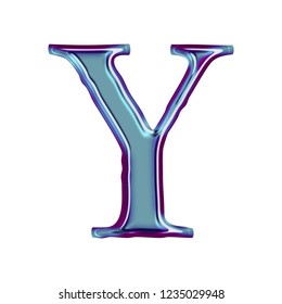 Blue Metallic Letter Y In A 3D Illustration With A Smooth Shiny Finish And Purple Beveled Edge Outline Effect In A Loose Edge Elegant Font On White With Clipping Path