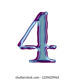 Blue Metallic Number Four 4 In A 3D Illustration With A Smooth Shiny Finish And Purple Beveled Edge Outline Effect In A Loose Edge Elegant Font On White With Clipping Path