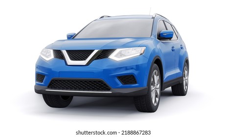 Blue Mid-size auto SUV urbano familiar con fondo blanco. ilustración 3D