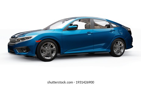 Blue Mid-size Urban Family Sedan On A White Uniform Background. 3d Rendering.