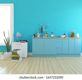 Blue minimalist kitchen room interior with dinning furniture on a wooden floor, decor on a large wall, white landscape in window. Home nordic interior. 3D illustration - Shutterstock ID 1657231090