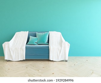 Blue Minimalist Living Room Interior With Sofa On A Wooden Floor, Decor On A Large Wall, White Landscape In Window. Home Nordic Interior. 3D Illustration