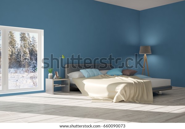 Blue Modern Bedroom Scandinavian Interior Design Stock