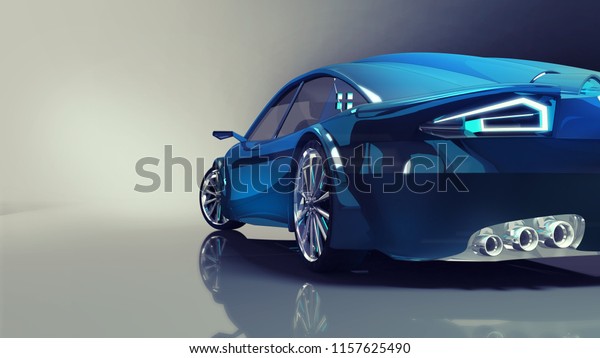 blue modern car back closeup\
on illuminated background, 3D rendering, car design concept of my\
own