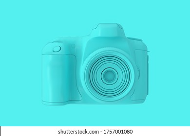 Blue Modern Digital Photo Camera In Duotone Style On A Blue Background. 3d Rendering