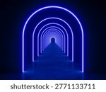 Blue modern lighting with interior empty tunnel, 3d rendering sci-fi concept
