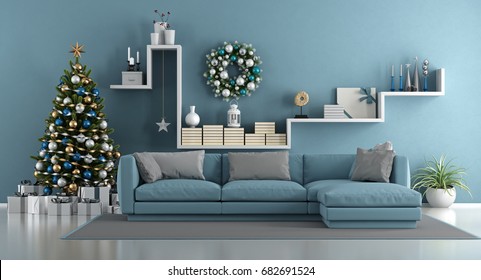 Blue Modern Living Room With Christmas Tree,elegant Sofa And White Shelf With Decor Objects - 3d Rendering