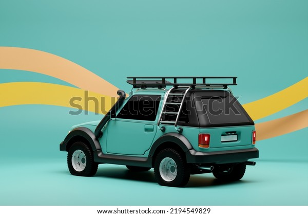 Blue  modern SUV prepared for\
safari on monochrome  background - back view - 3D\
illustration