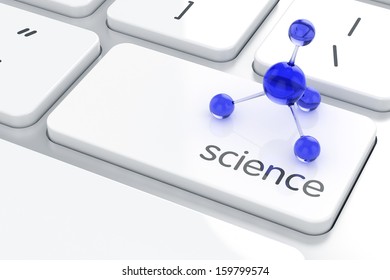 Blue Molecule On The Computer Keyboard. Science Concept