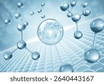 Blue molecules in bubbles, floating on skin cells, background of cosmetic products 3d rendering.