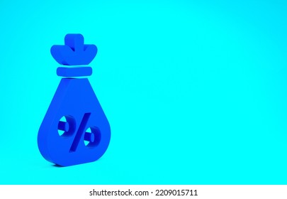 Blue Money Bag With Percent Icon Isolated On Blue Background. Cash Banking Currency Sign. Minimalism Concept. 3d Illustration 3D Render.