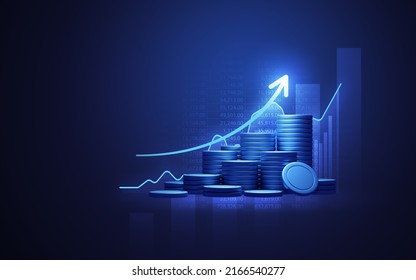 Blue Money Business Graph Finance Chart Diagram On Economy 3d Coin Background With Growth Financial Data Concept Or Investment Market Profit Bar And Success Market Stock Technology Currency Report.