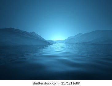 Blue monochromatic surreal 3D illustration of mountain range with a calm body of water.