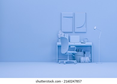 Blue Monochrome Minimal Office Table Desk. Minimal Idea Concept For Study Desk And Workspace. Mockup Template, 3d Rendering
